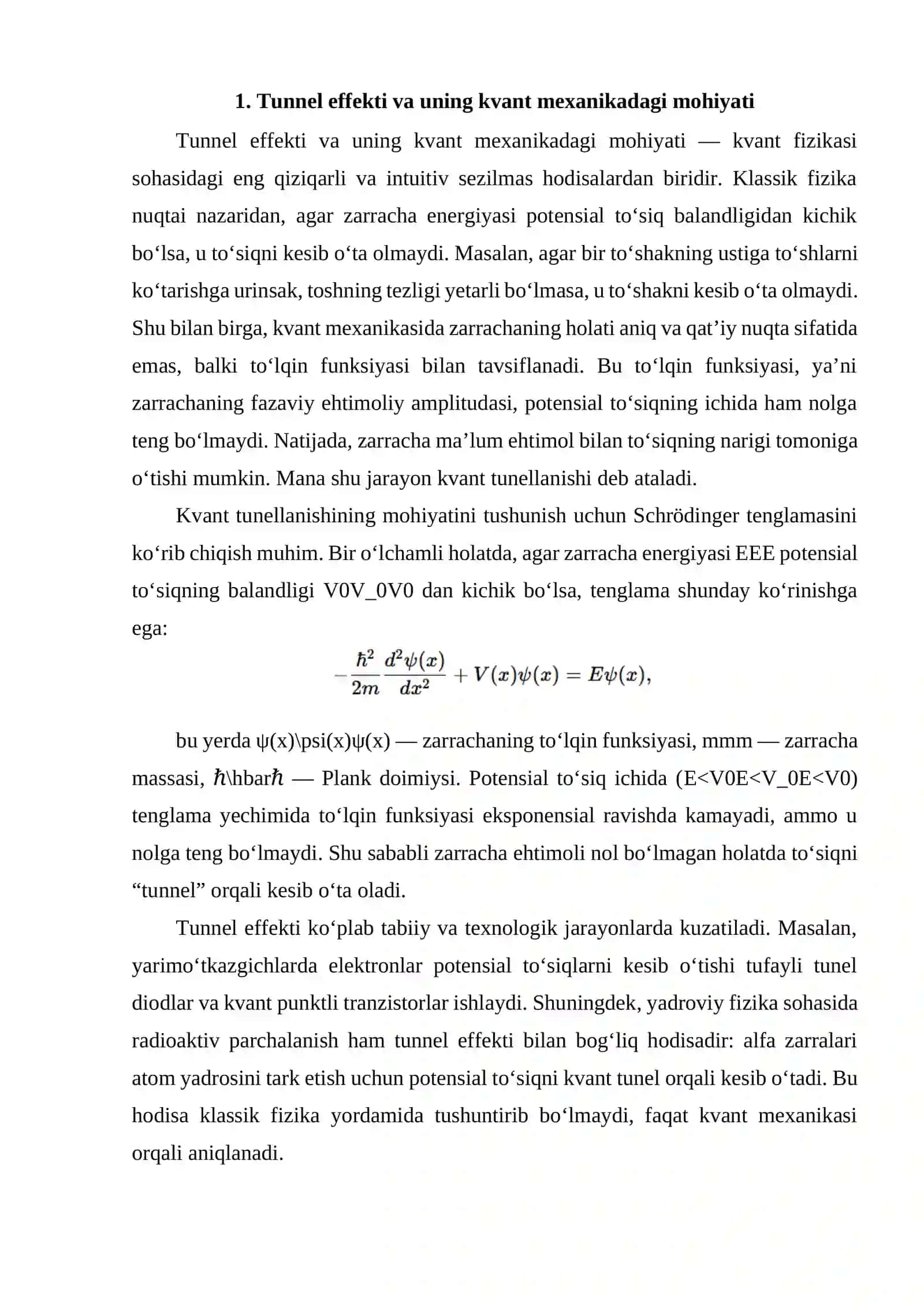 Tunnel effekti. Kvant mexanikasida garmonik ossillyator 2