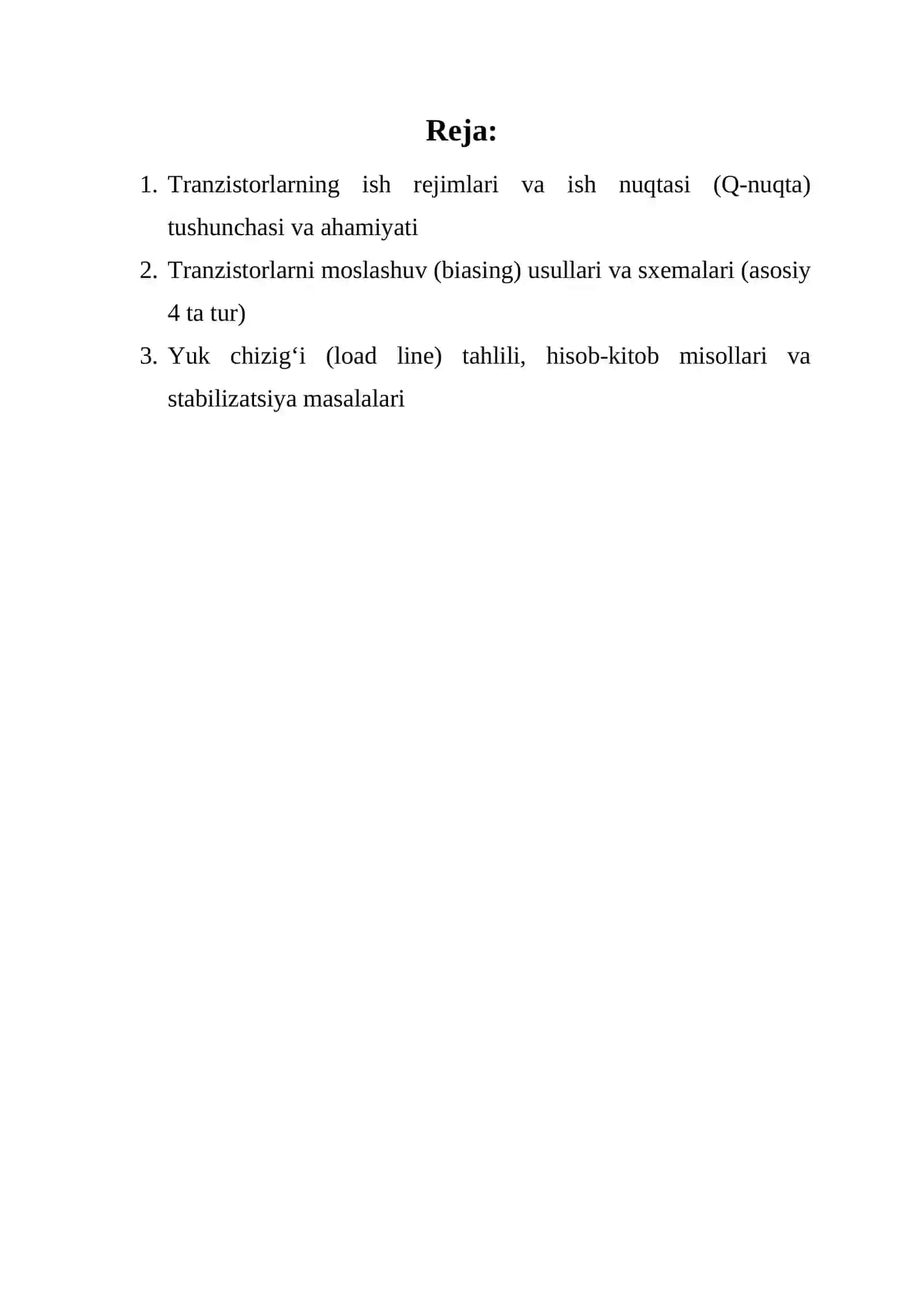 Moslashuv rejimlari va tranzistorlarning ish nuqtasi 2