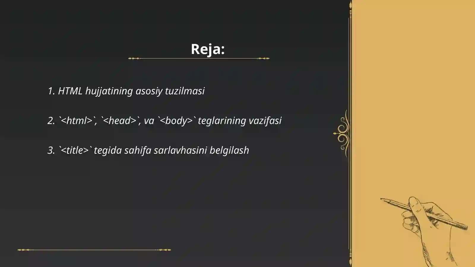 HTML gipermatnlarni belgilash tili Web sahifaning asosiy tuzilmasi 2