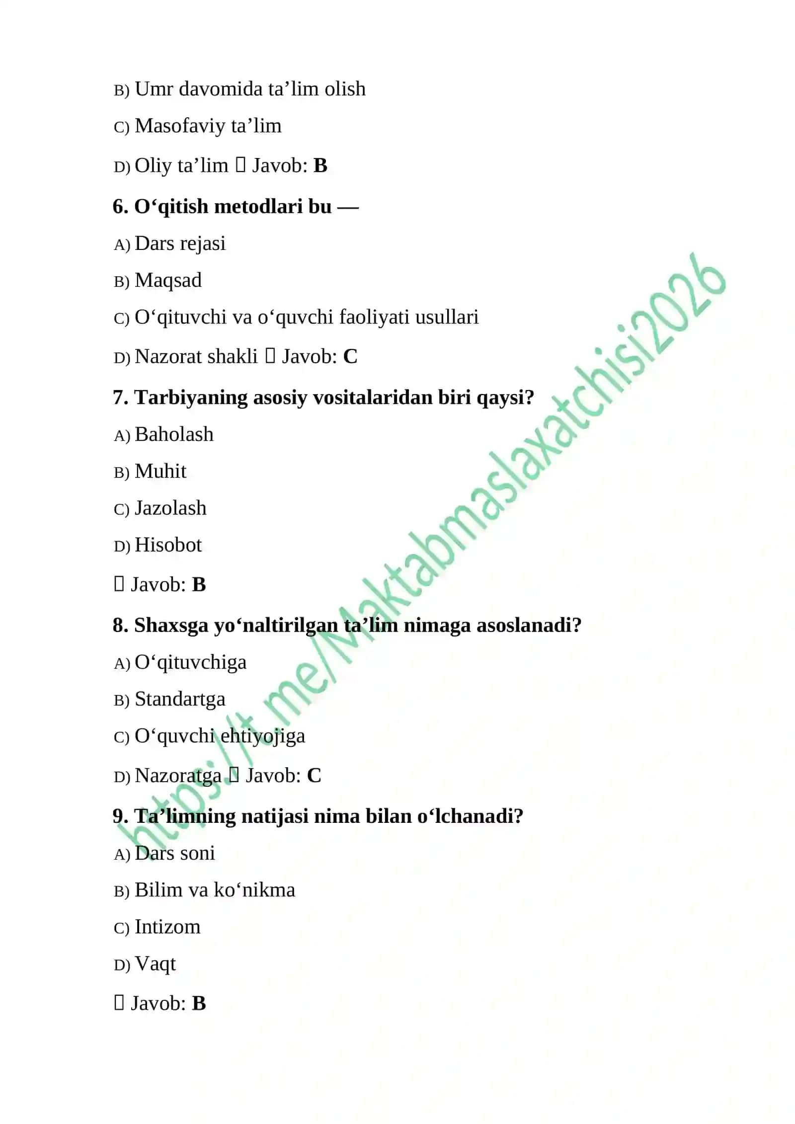 Maktab Maslahatchisi 300 ta test savol javoblari bilan 2