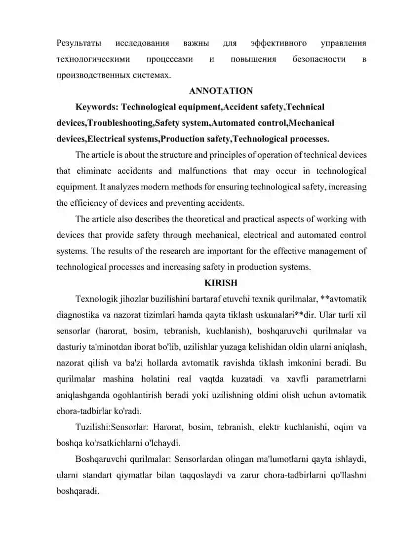 TEXNOLOGIK JIXOZLARDA SODIR BO’LISHNI BARTARAF QILUVCHI TEXNIK QURILMALAR TUZULISHI VA ISHLASHI 2