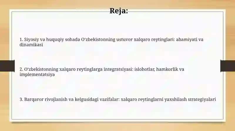 Siyosiy va Huquqiy Sohadagi Ustuvor Xalqaro Reytinglar va Ularga O'zbekistonning Integrallashuvi 2
