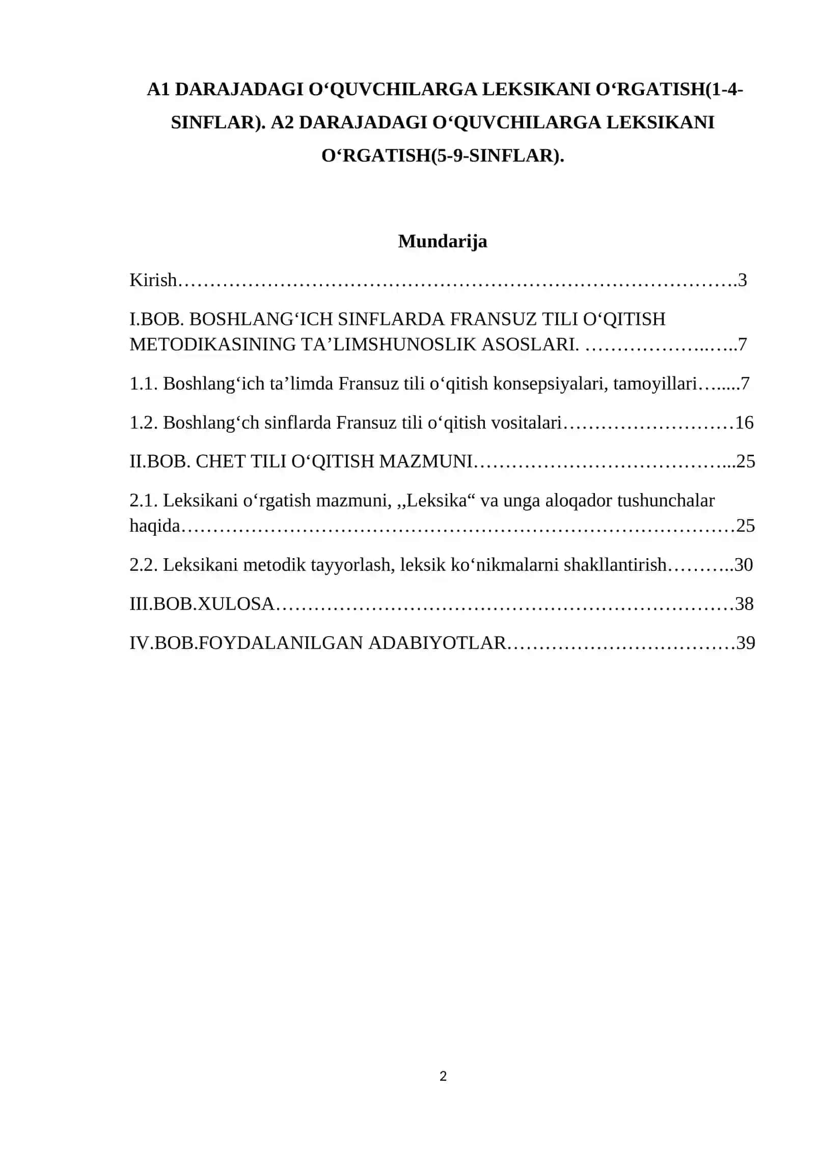 A1 DARAJADAGI O‘QUVCHILARGA LEKSIKANI O‘RGATISH(1-4-SINFLAR) 2