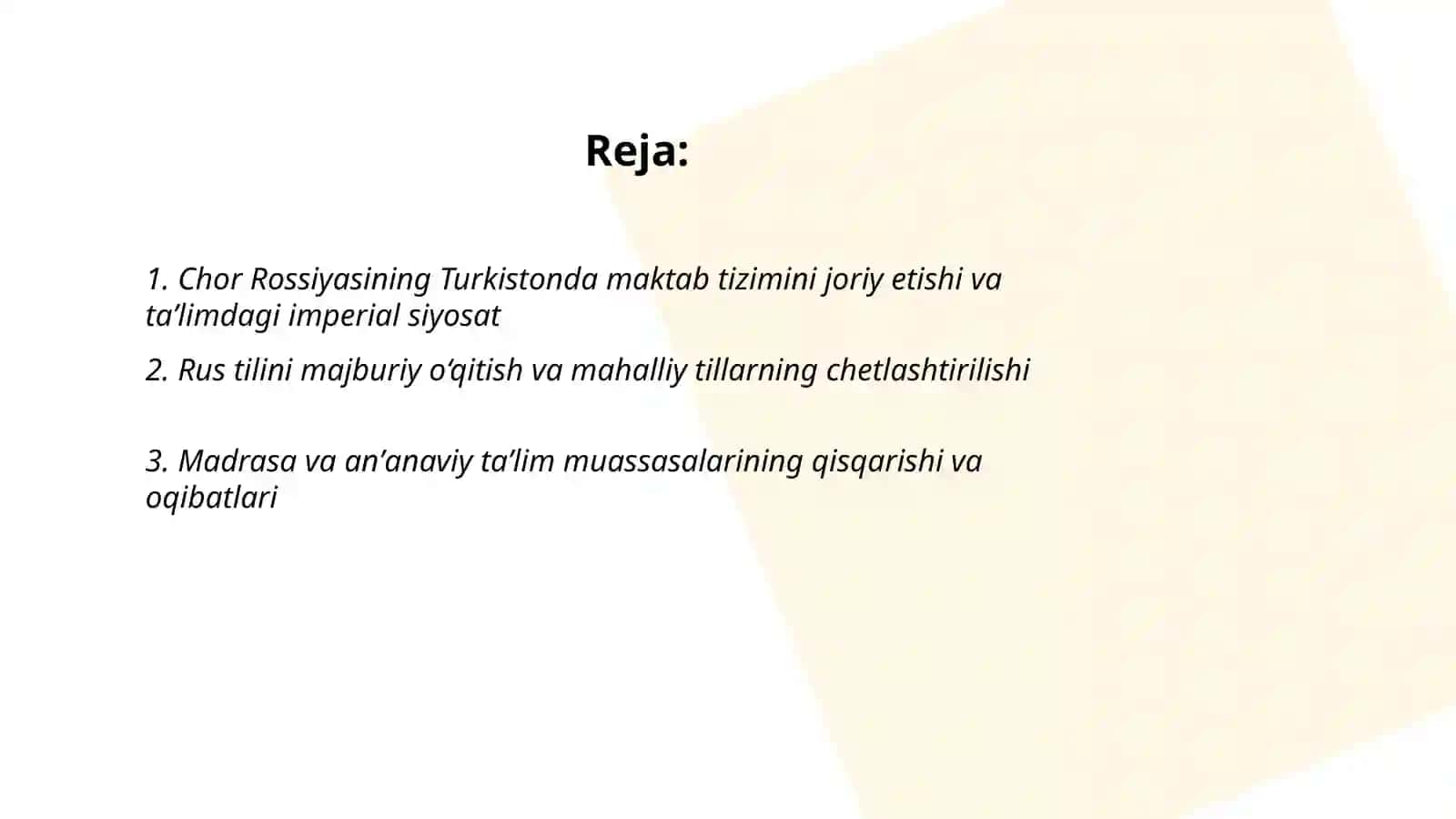 Chor Rossiyasining Turkistonda maorif va madaniyat sohasidagi mustamlakachiligi va uning salbiy oqibatlari 2