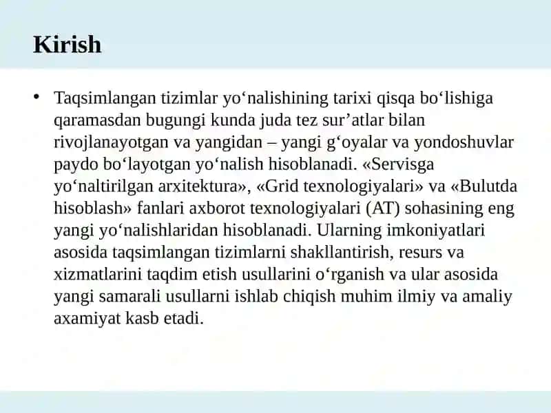 Kirish:Taqsimlangan tizimlar (TT) tushunchasi. 2