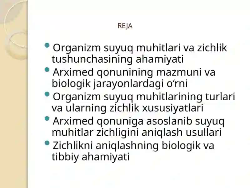 Organizm suyuq muhitlari zichligini aniqlash Arximed qonunini o'rganish 2