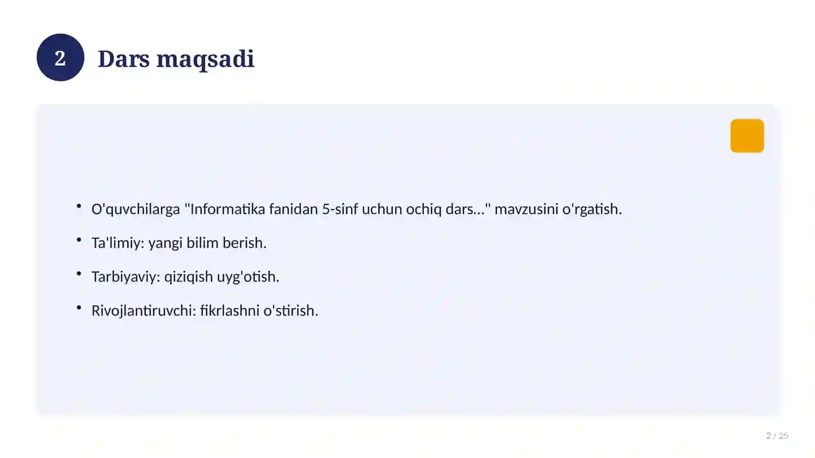 Informatika fanidan 5-sinf uchun ochiq dars ishlanmasi 2