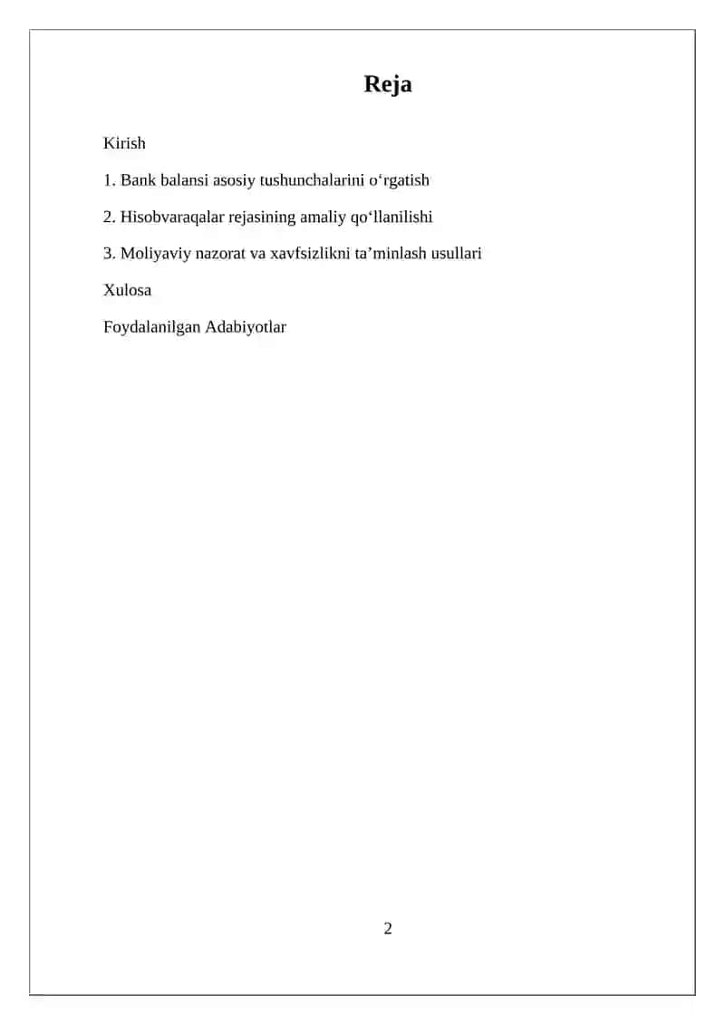 Bank balansi va buxgalteriya hisobvaraqalar rejasi 2