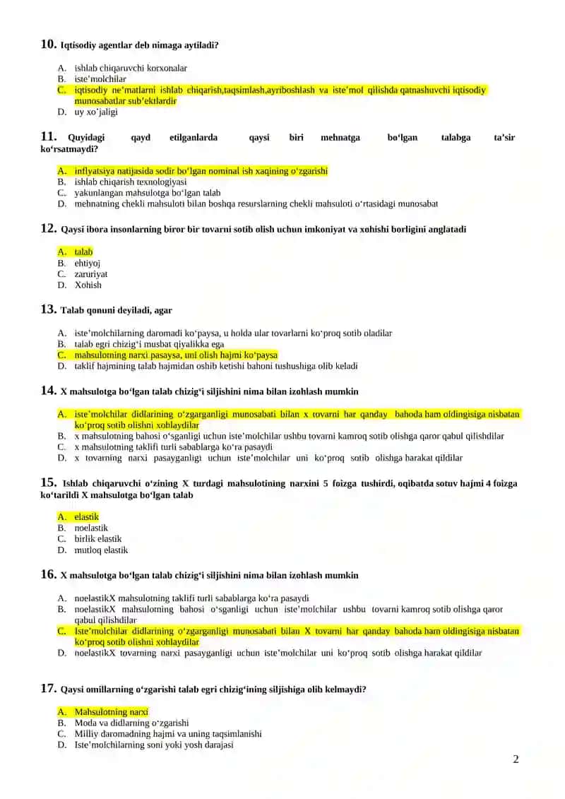 Mikroiqtisodiyot fanidan yakuniy test savollari 2
