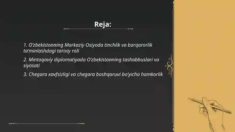 O‘zbekistonning Markaziy Osiyoda tinchlik va barqarorlikni ta’minlashdagi o‘rni Normamatov Humoyun 2