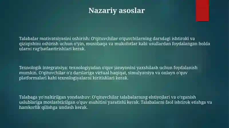 Milliy GʻOya Va MaʼNaviyat Asoslari Darslarini Olib Borishda Zamonaviy Pedagogik Texnalogiyalarni QoʻLlashga QoʻYiladigan Talablar 2