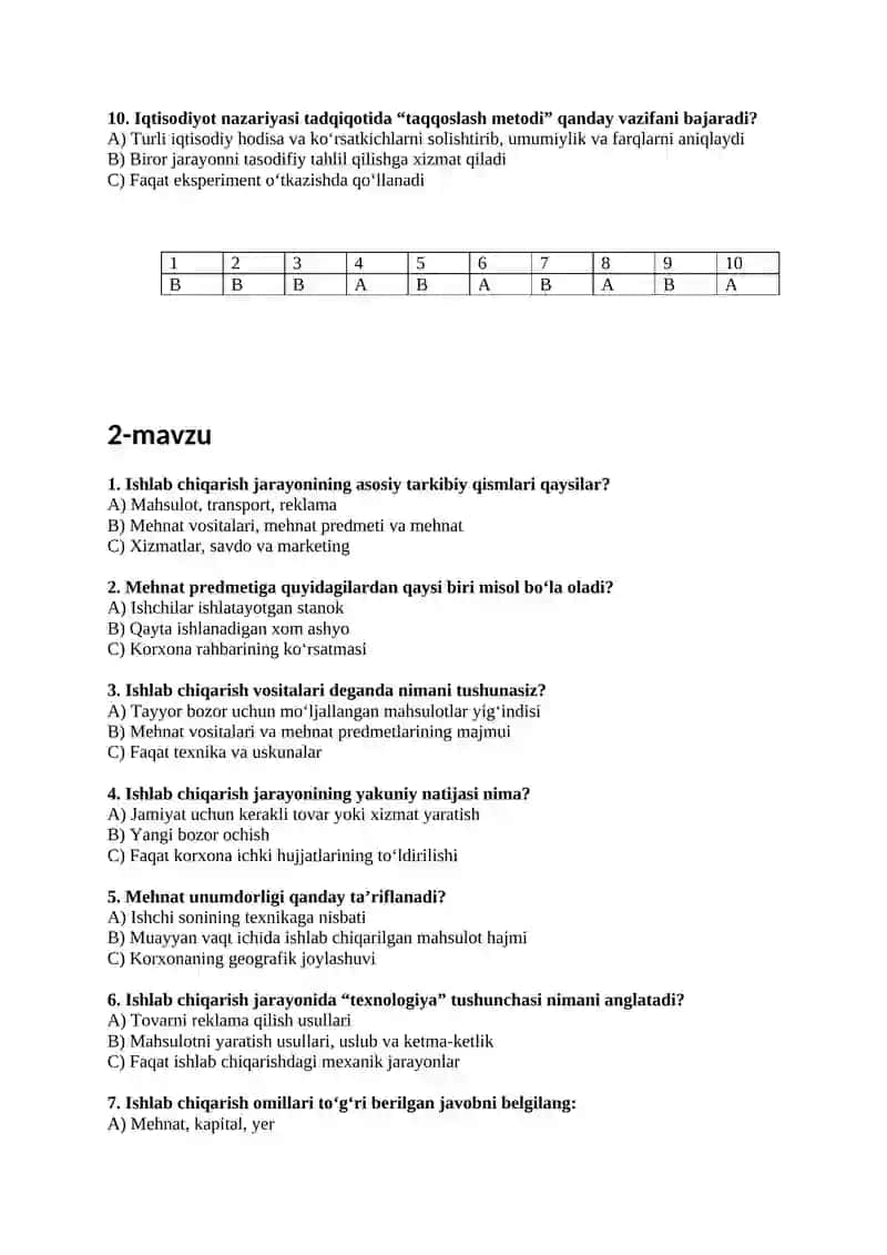 Iqtisod nazariyasi fanidan 150 ta test savollari va javoblari 2