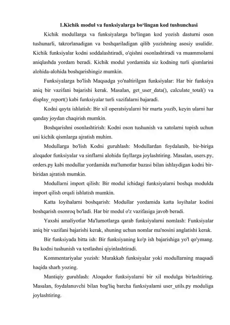 KICHIK MODUL VA FUNKSIYALARGA BO‘LINGAN KOD YOZISH 2