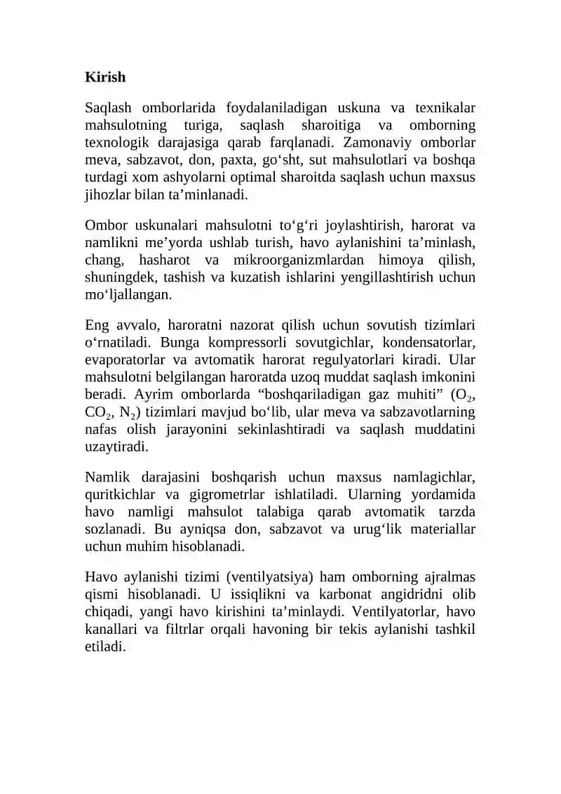 Saqlash omborlarida foydalaniladigan uskuna va texnikalar turlari. 2