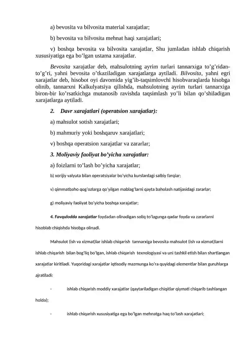 Xarajatlarning turkumlanishi 2