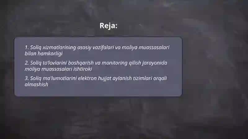 Soliq xizmat organlarini moliya muassasalari bilan oʻzaro munosabatlari 2