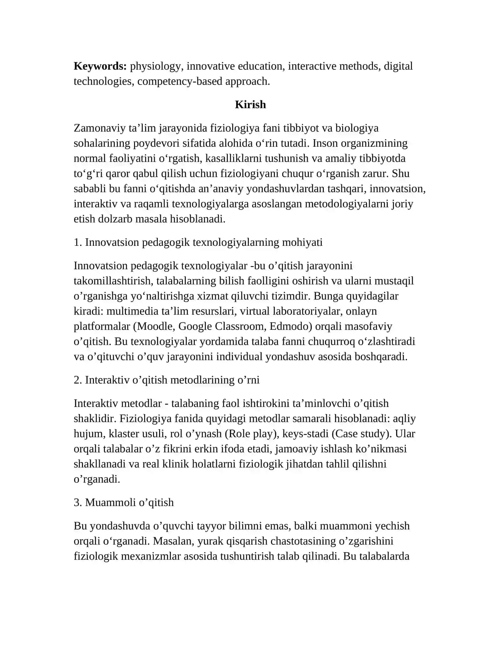 Fiziologiya fanini o’qitishda innovatsion pedagogik texnologiyalar va zamonaviy metodologik yondashuvlarning o’quv jarayonidagi ahamiyati 2