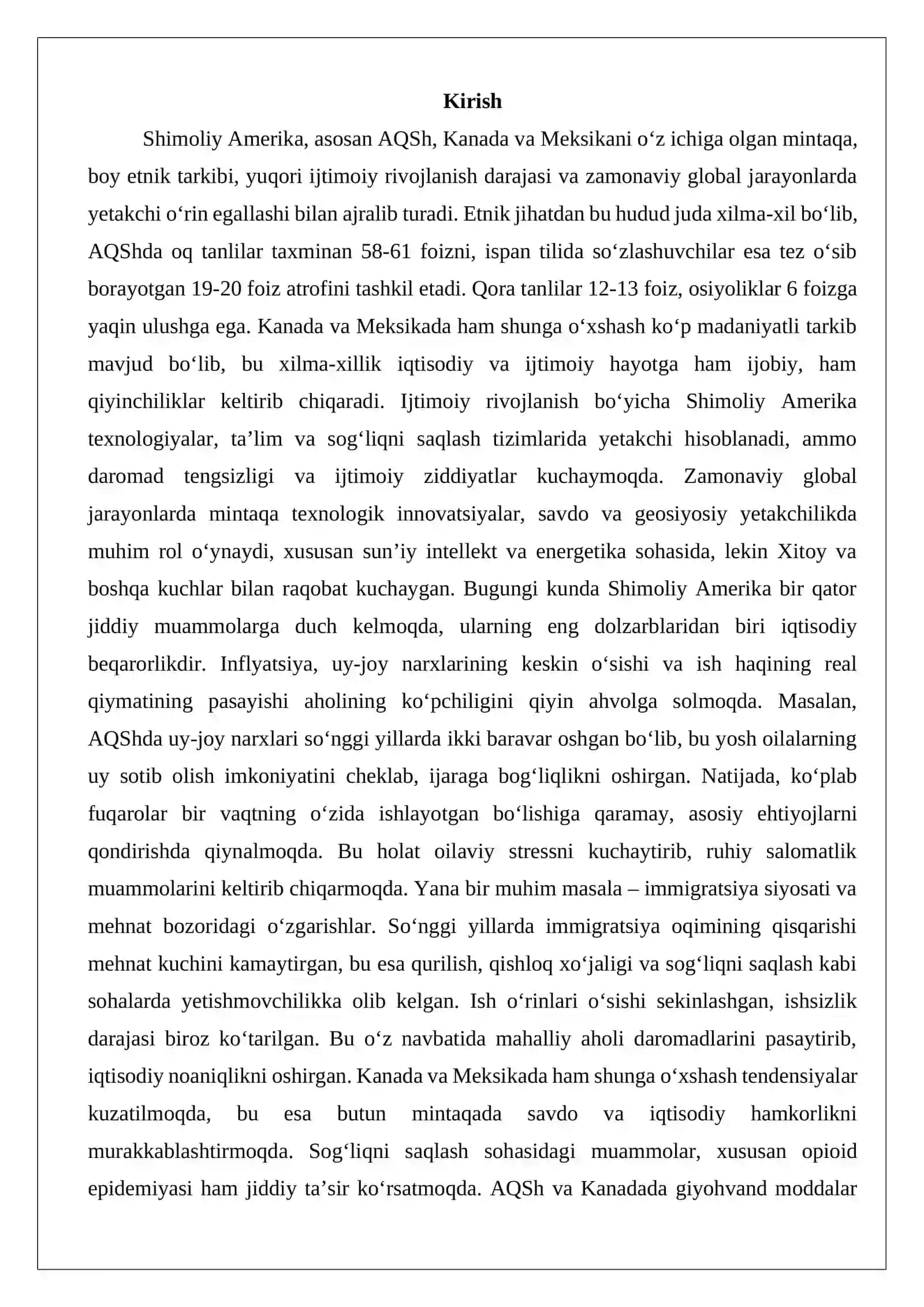 Shimoliy Amerika yuz tutayotgan bugungi kundagi dolzarb muammolar va ularning aholi hayotiga ko‘rsatayotgan ta’siri 2