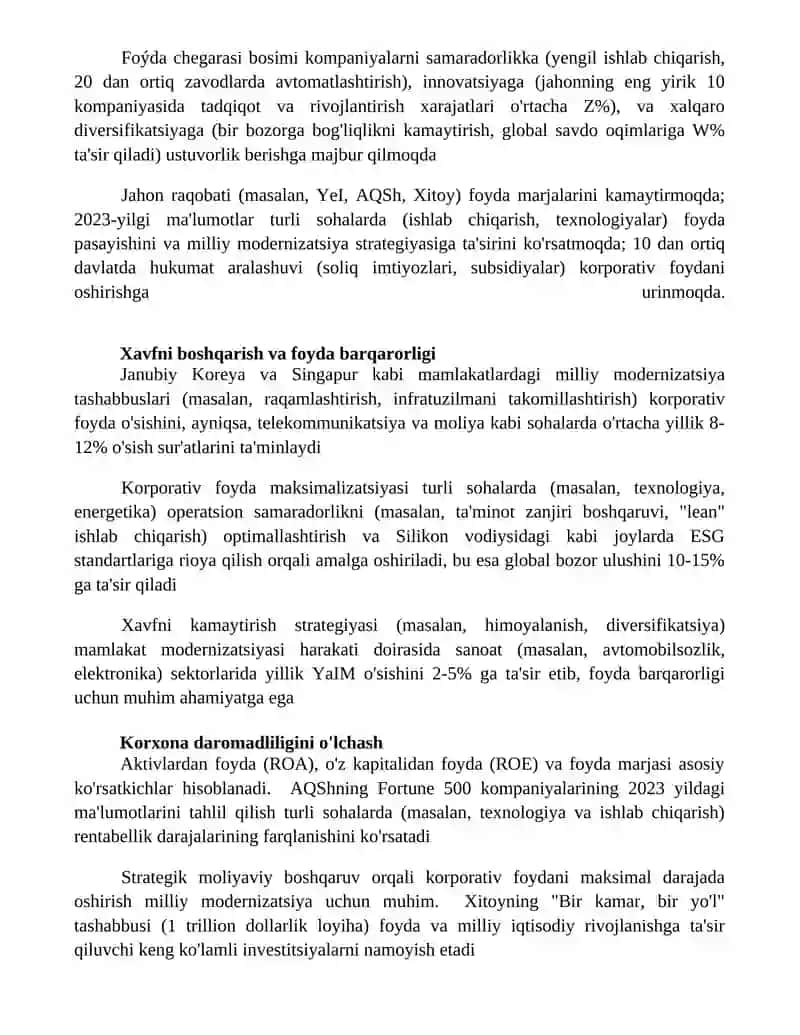 Mamlakatni modernizatsiyalash sharoitida korxona foydasi va uni maksimallashtirish yoʻllari 2