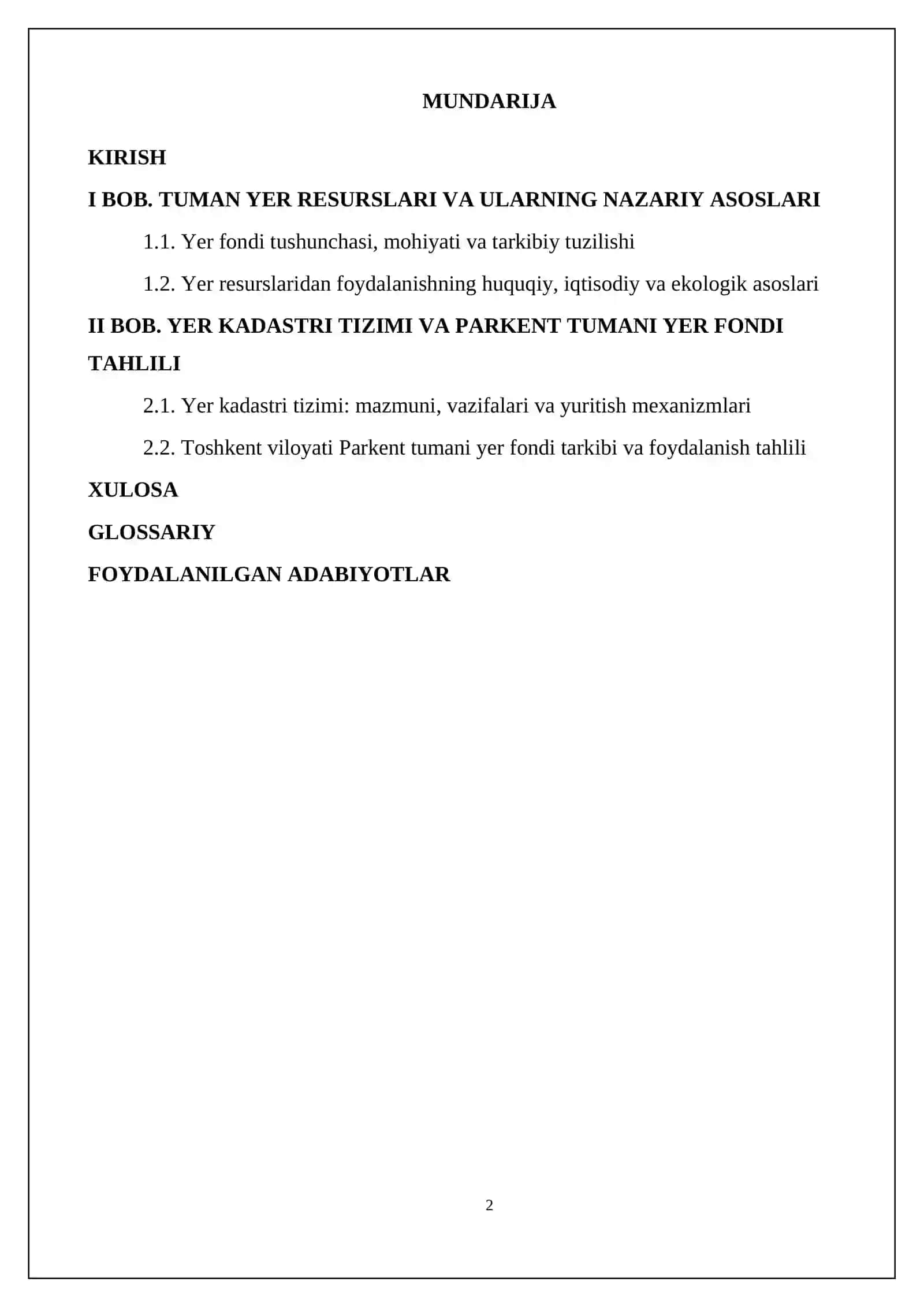 Toshkent viloyati Parkent tumani oxirgi 5 yillikdagi tuman yer fondi boyicha tahlili KURS ISHI 2