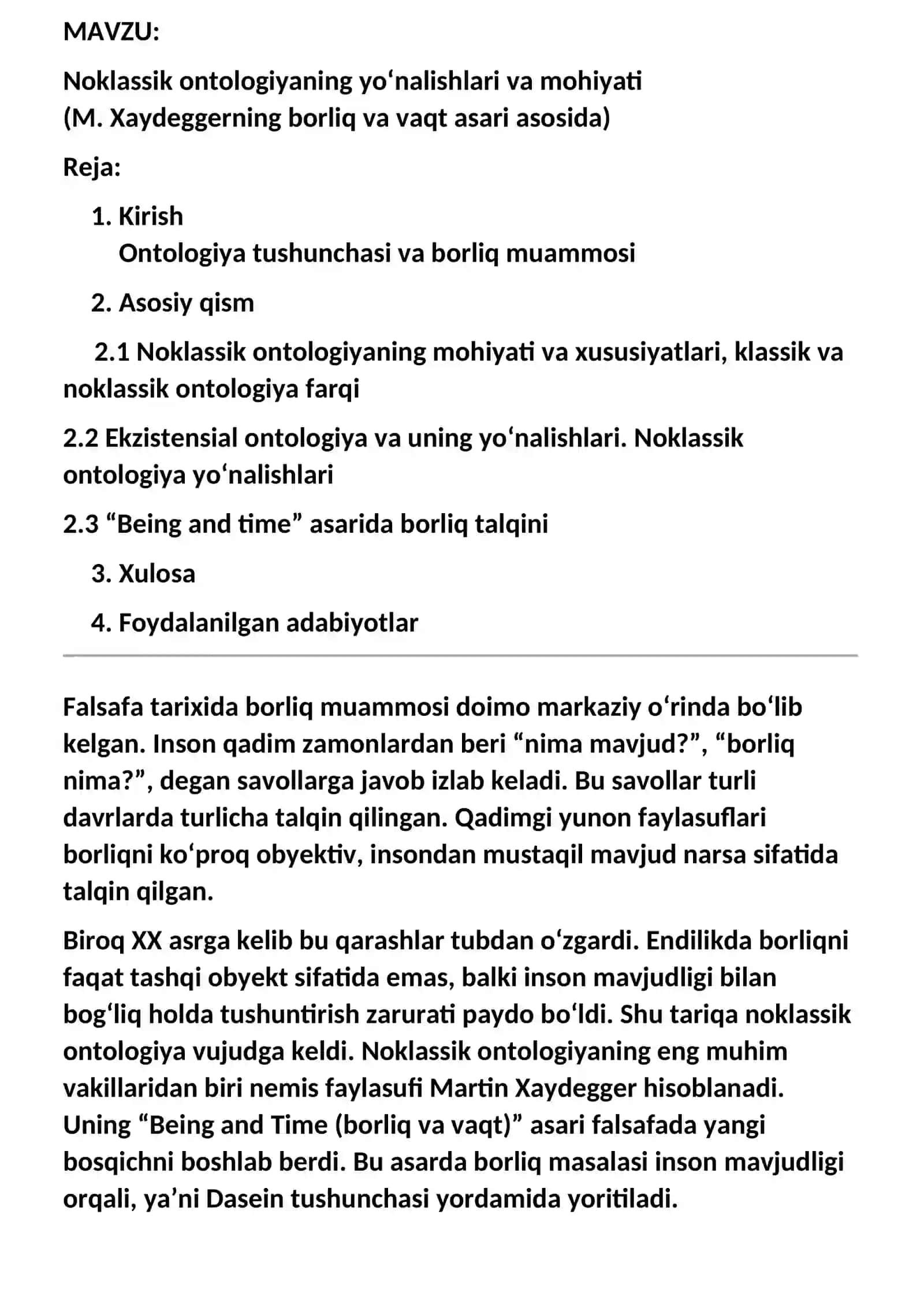 Noklassik ontologiya (M. Xaydegger “Borliq va vaqt” asosida) – Mustaqil ish 2