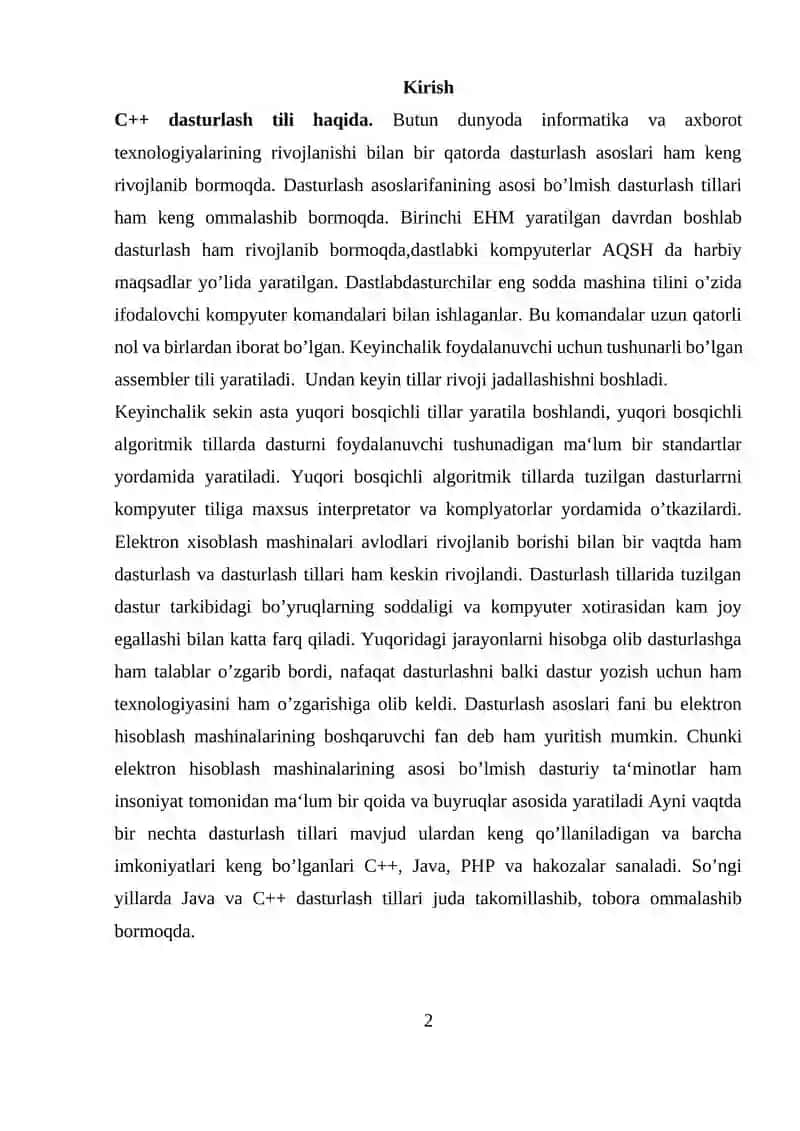 C++ DASTURLASH TILI 2