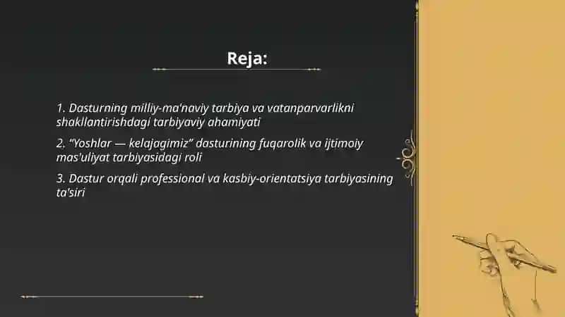 Yoshlar - Kelajagimiz Davlat Dasturi Tarbiyaviy O'qitish 2