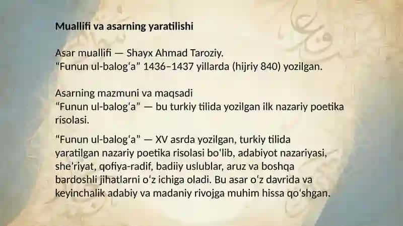 Funun ul-balog’a asarida husn ut-talab, husn ul-maqta’, sahli mumtan, nomutanohiy san’atlari talqini 2