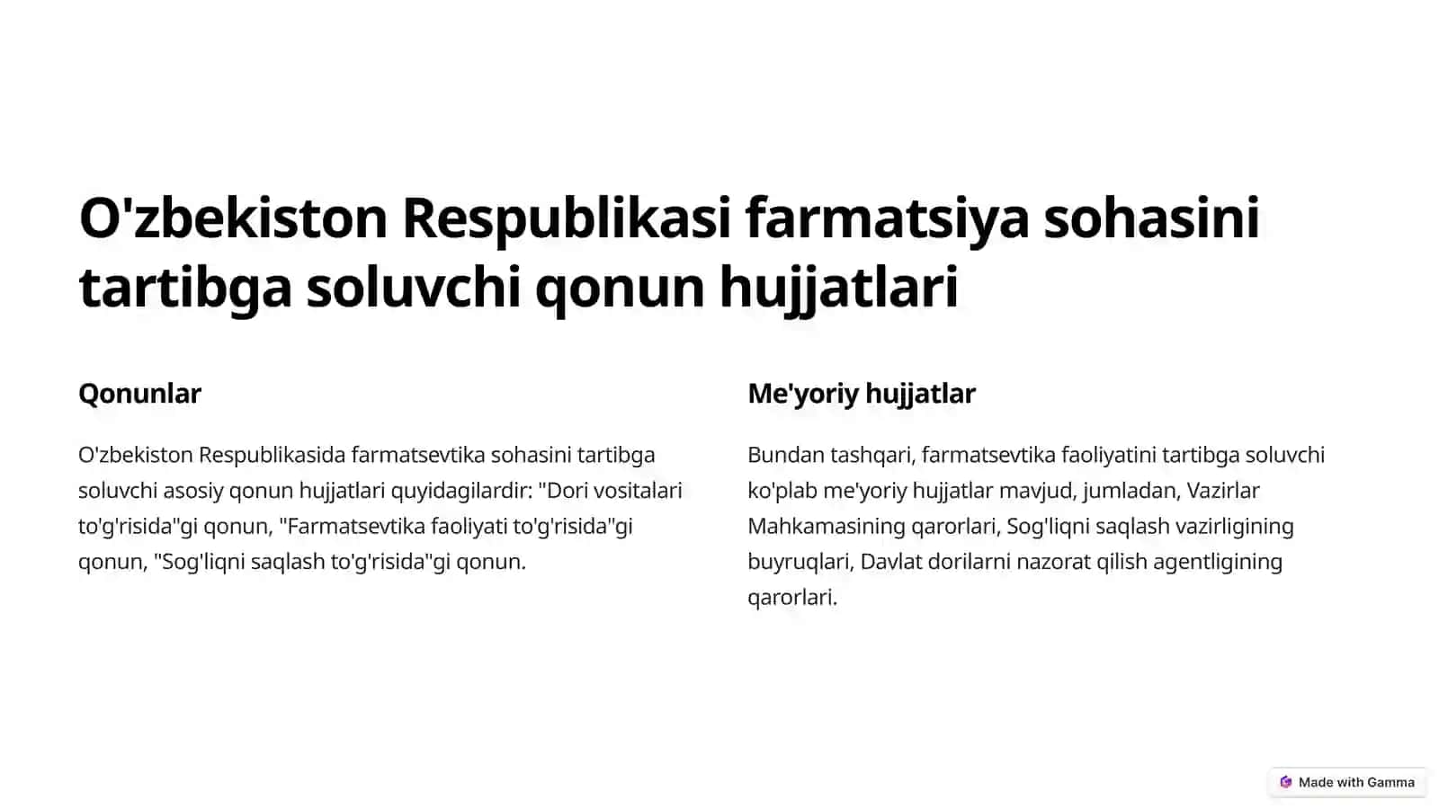 Farmatsevtika faoliyatini muvofiqlashtiruvchi qonun hujjatlari 2