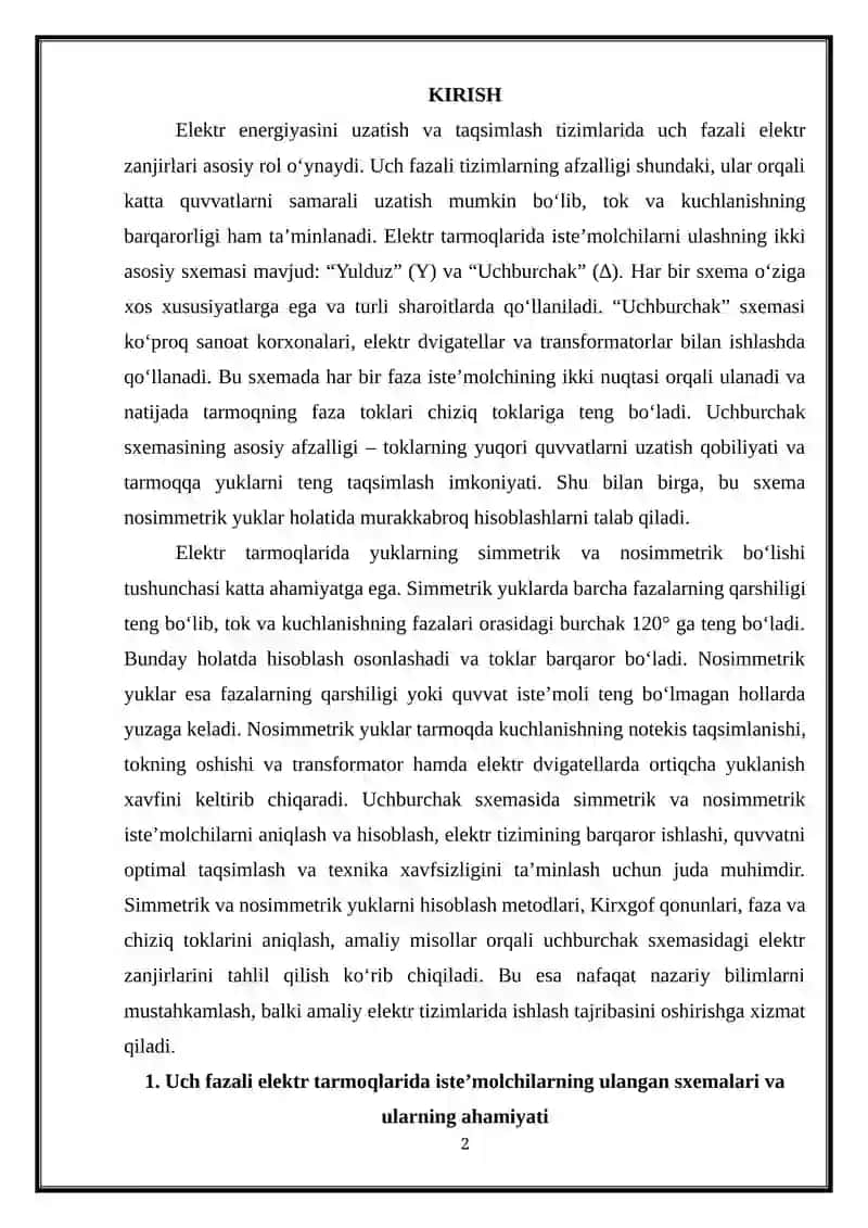 Uchburchak sxemasida ulangan simmetrik va nosimmetrik iste'molchilarni hisoblash 2