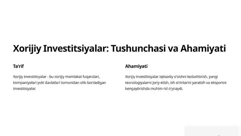 Xorijiy Investitsiyalar: Huquqiy Asoslar va O'sish Imkoniyatlari 2