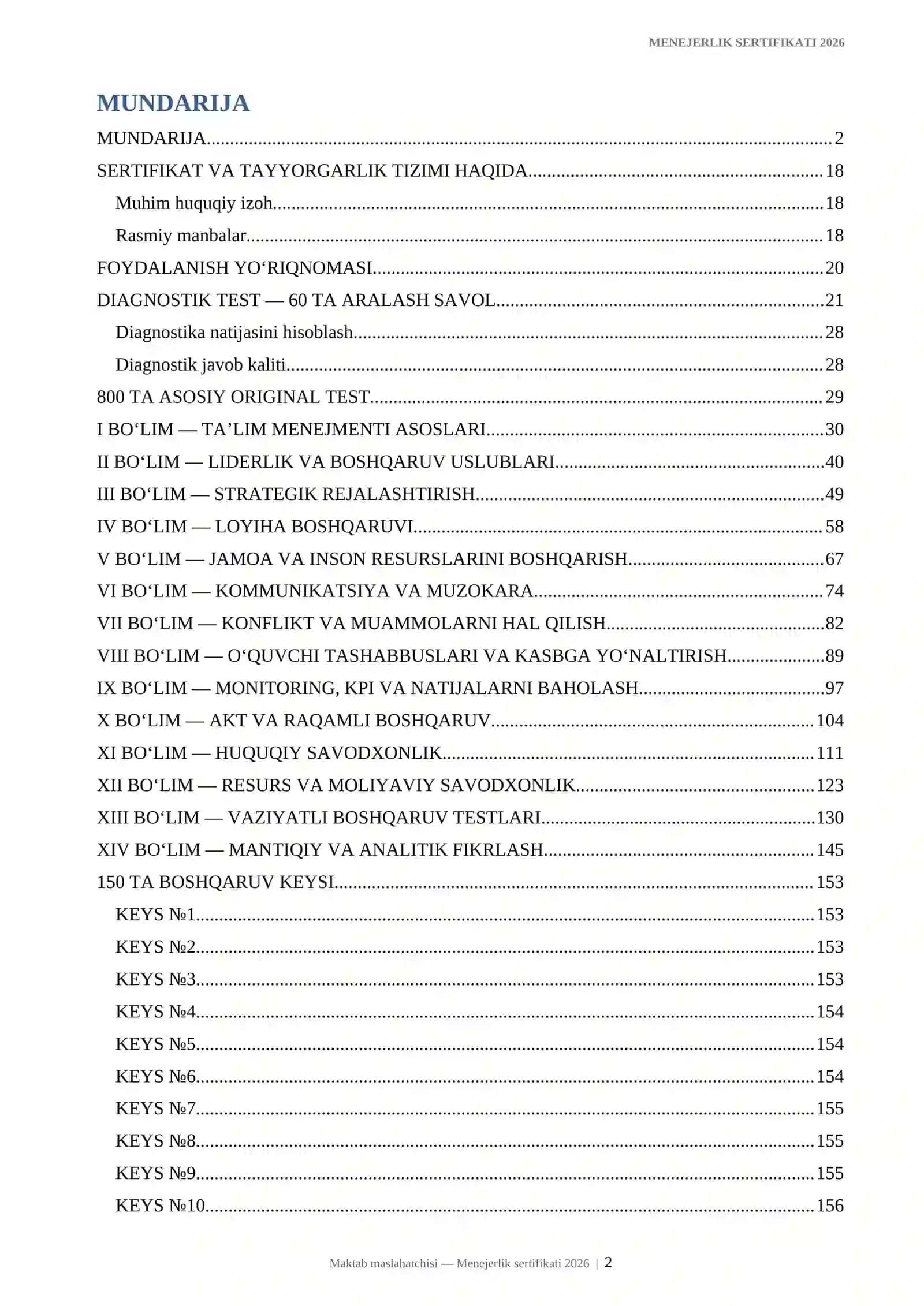 Maktab maslahatchilari uchun Menejerlik sertifikati 2026 | 800+ test + 150+ keys + 200 suhbat savoli 2