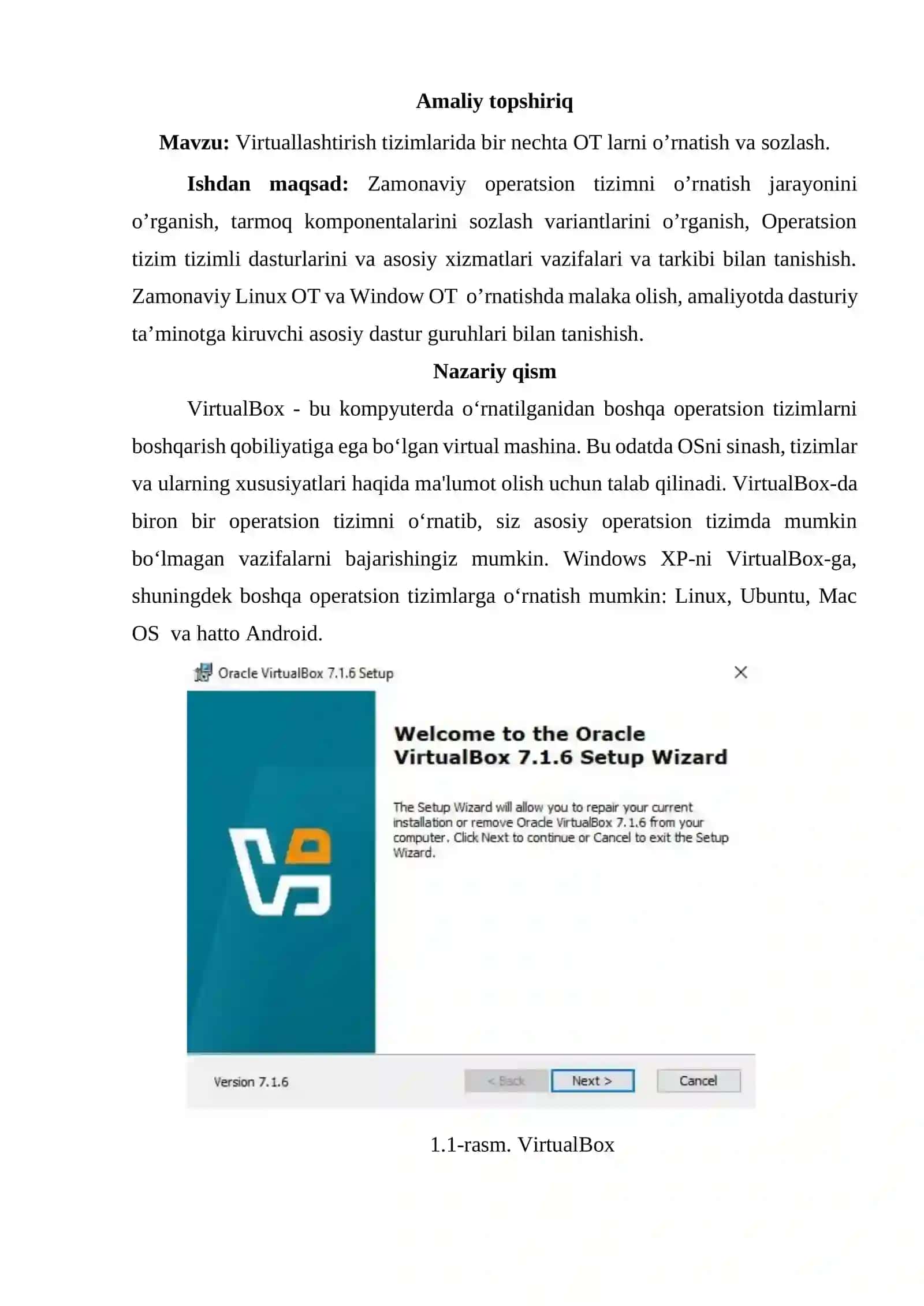 Virtuallashtirish tizimlarida bir nechta OT larni o’rnatish va sozlash. Amaliy ish 2