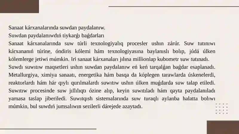 Sanaat kárxanalarında suwdan paydalanıw 2