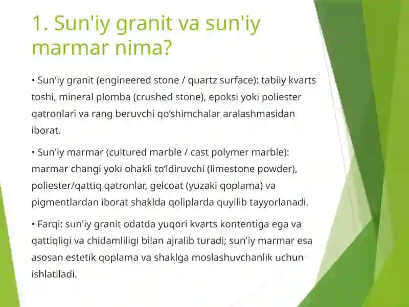 Sun'iy granit va marmardan tayyorlangan plitkalar ishlab chiqarish istiqbollari va jahon tajribasi 2