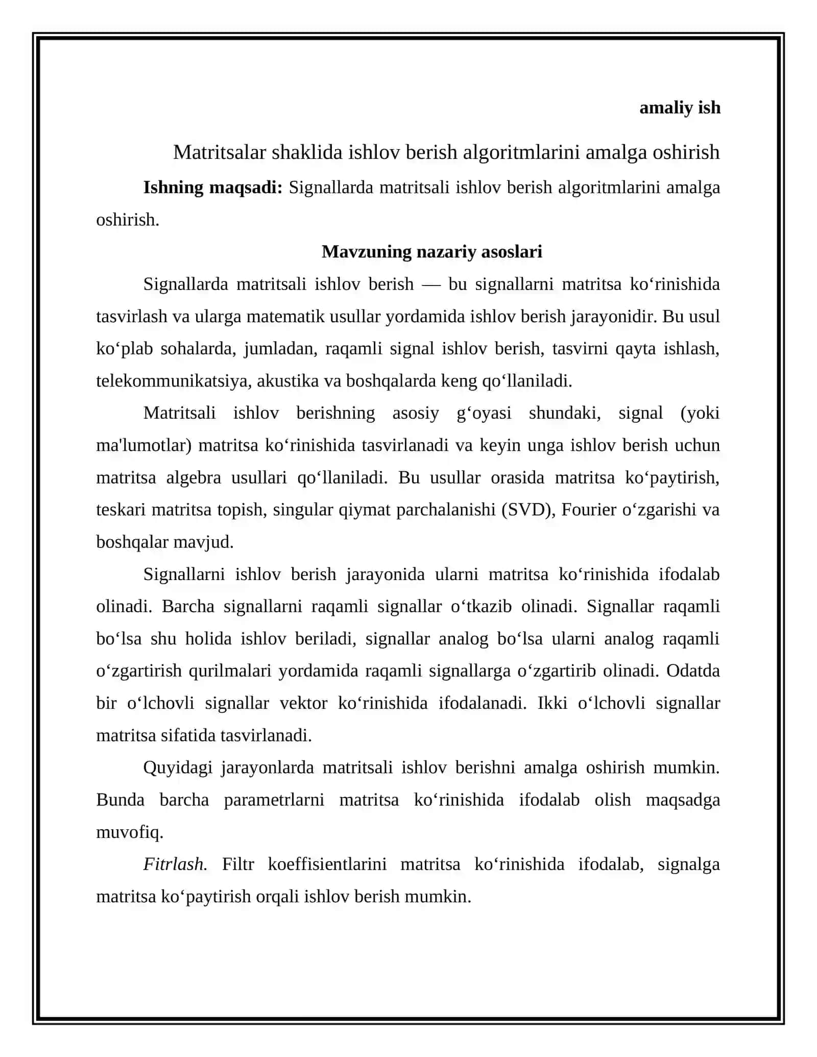 Matritsalar shaklida ishlov berish algoritmlarini amalga oshirish 2