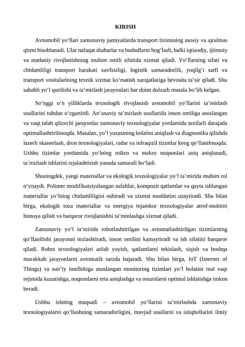 Avtomobil yo'llarini ta'mirlashda zamonaviy texnologiyalarni qo'llash 2