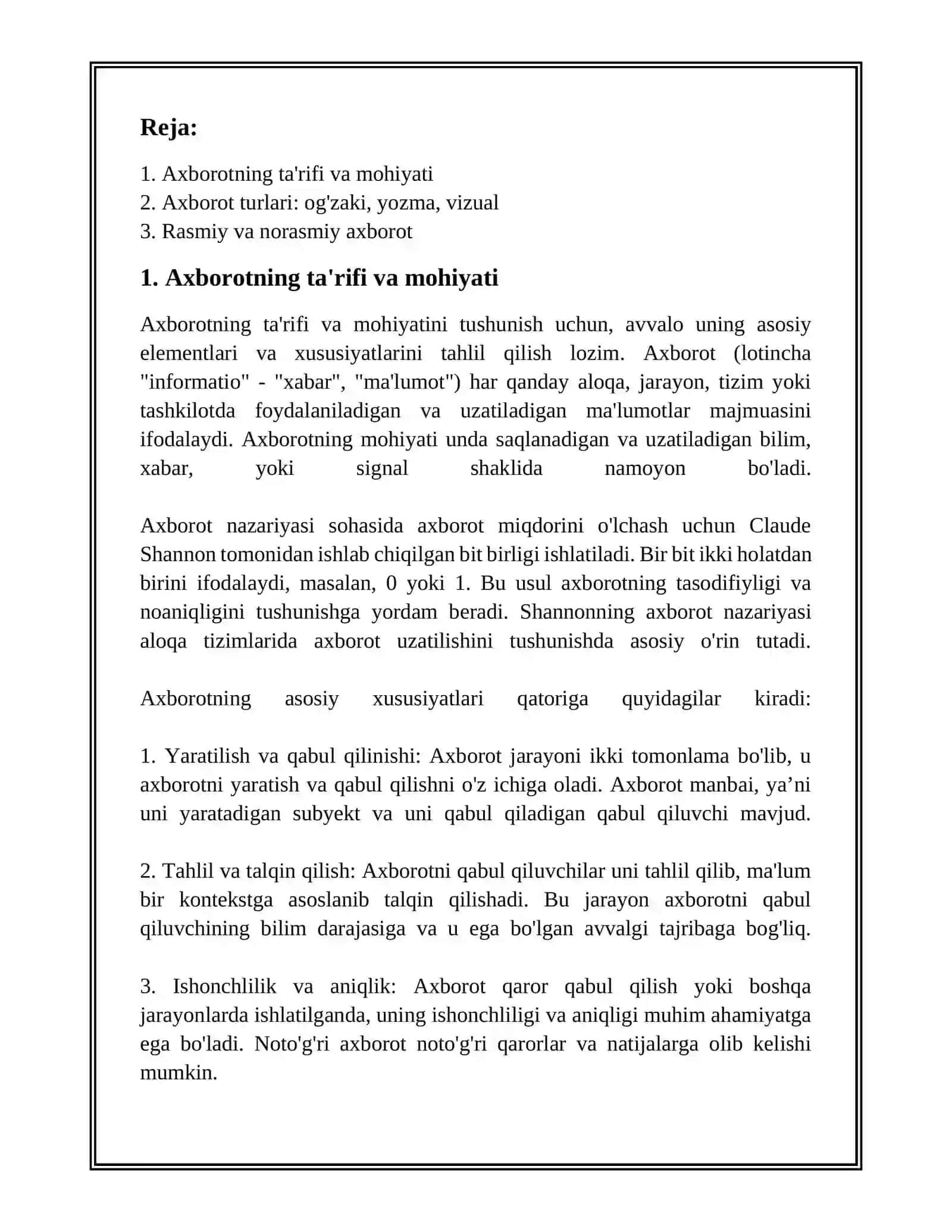 AXBOROTNING TURLARI VA XUSUSIYATLARI 2