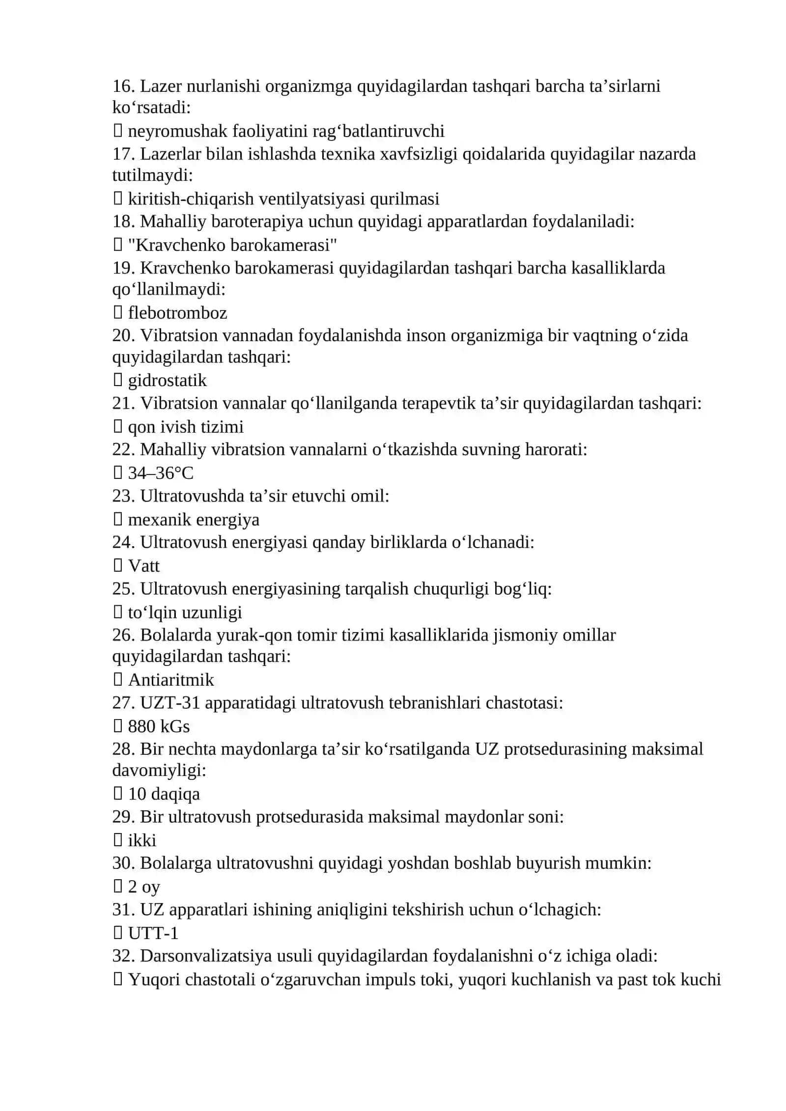 Reabilitalogiya (davolash fizkulturasi, kurortologiya, fizioterapiya) mutaxassisligi bo'yicha shakllantirilgan test savollari ro'yxati 2