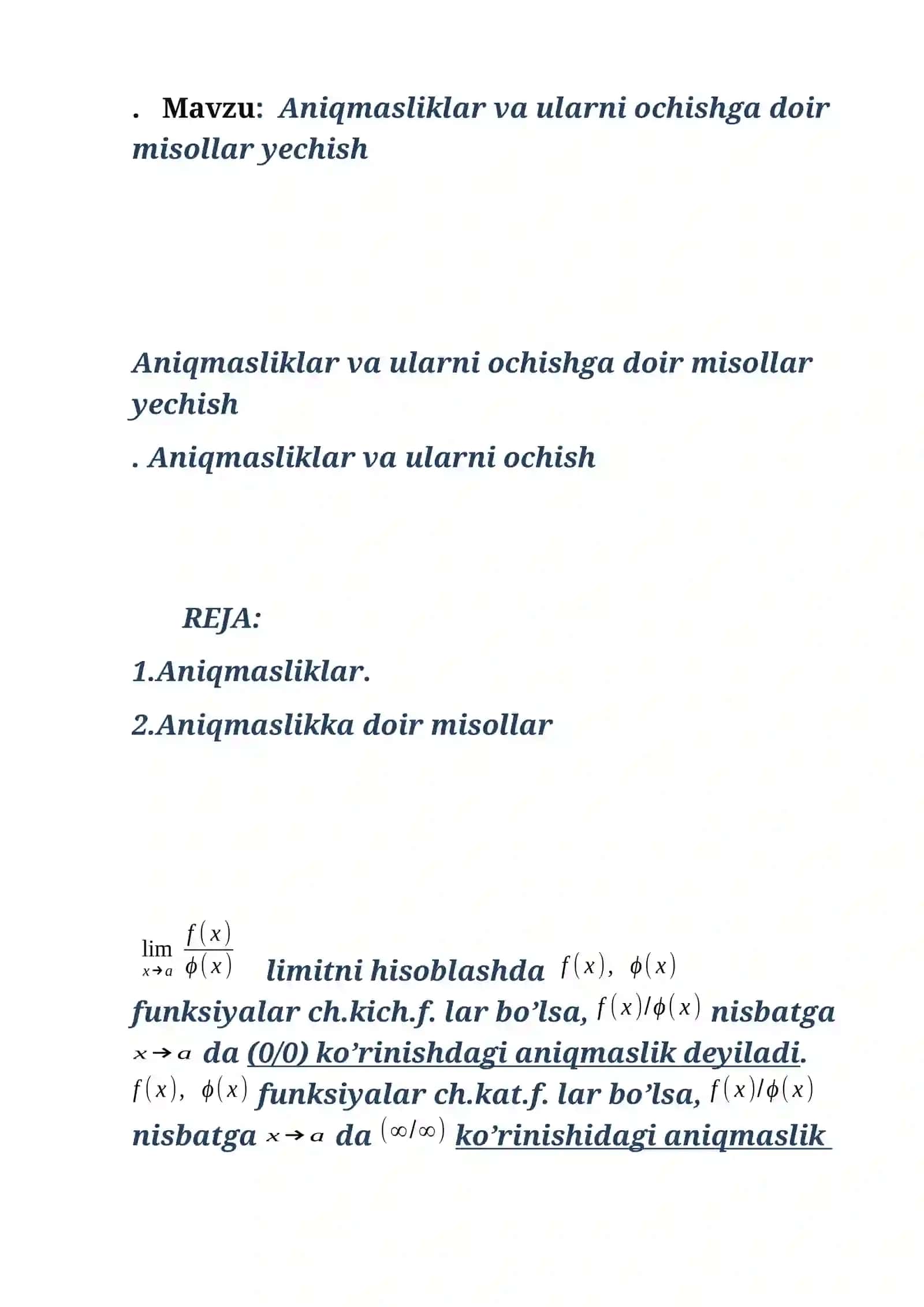 Matematik analiz - Aniqmasliklar va ularni ochishga doir misollar yechish 2