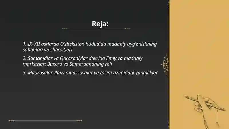 IX-XII asrlarda mamlakatimiz hududida ro‘y bergan madaniy uyg‘onish (Renessans).Buyuk allomalarning jahon sivilizatsiyasiga qo‘shgan hissasi. 2
