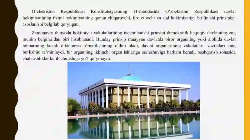 O‘zbekiston Respublikasida davlat xokimiyatini amalga oshirish deganda nmani tushunasiz va u km tomonidan amalga oshiriladi 2