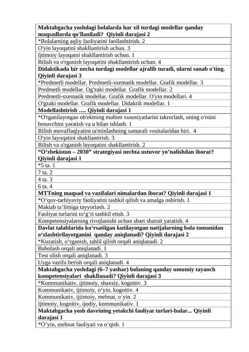 Maktabgacha ta’limda “Modellashtirish texnologiyalaridan foydalanish ta’lim faoliytatini tashkil etish” modulidan tets savollari 2