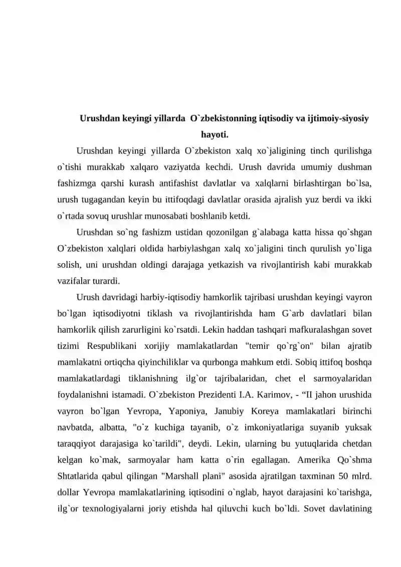 Urushdan keyingi yillarda O'zbekistonning iqtisodiy va madaniy hayoti 2