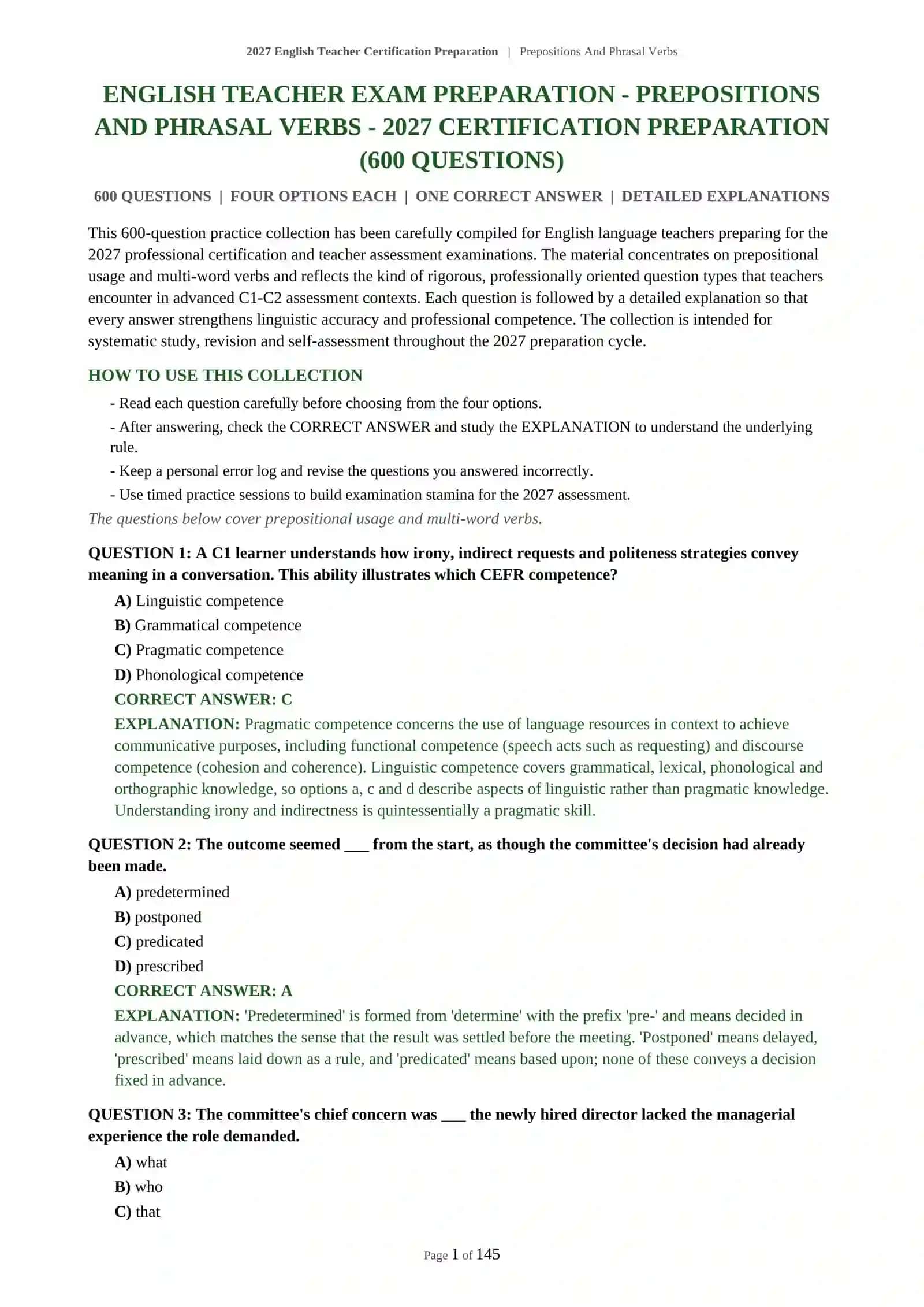 Prepositions And Phrasal Verbs English Teacher Certification Preparation 2