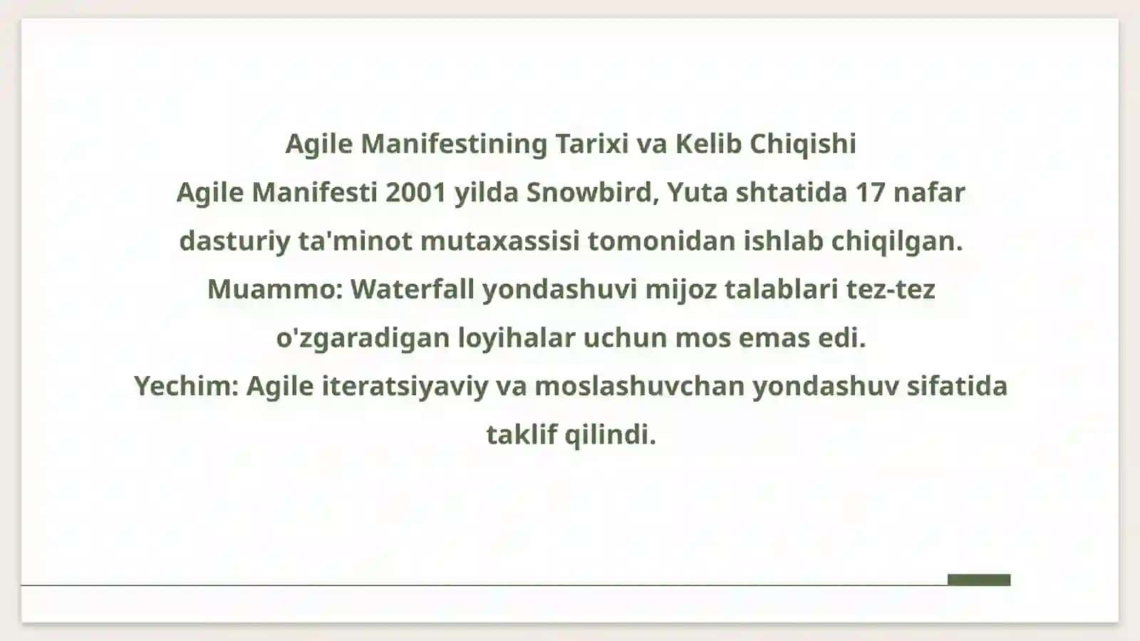 Agile (tezmoslashuvchan) dasturiy ta'minot ishlab chiqish 2