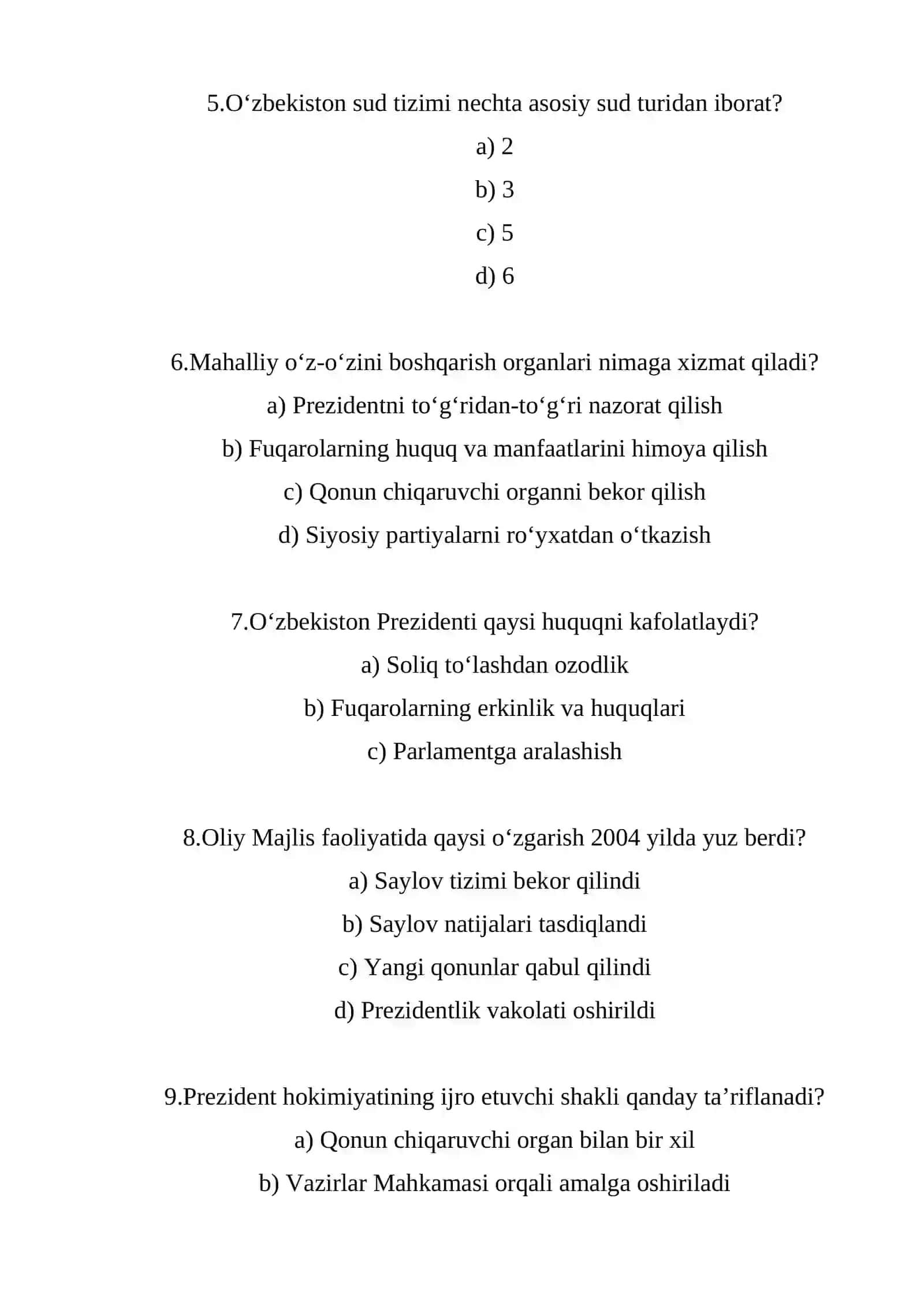 O‘zbekistonda demokratik va fuqarolik jamiyati bo‘yicha test savollari 2