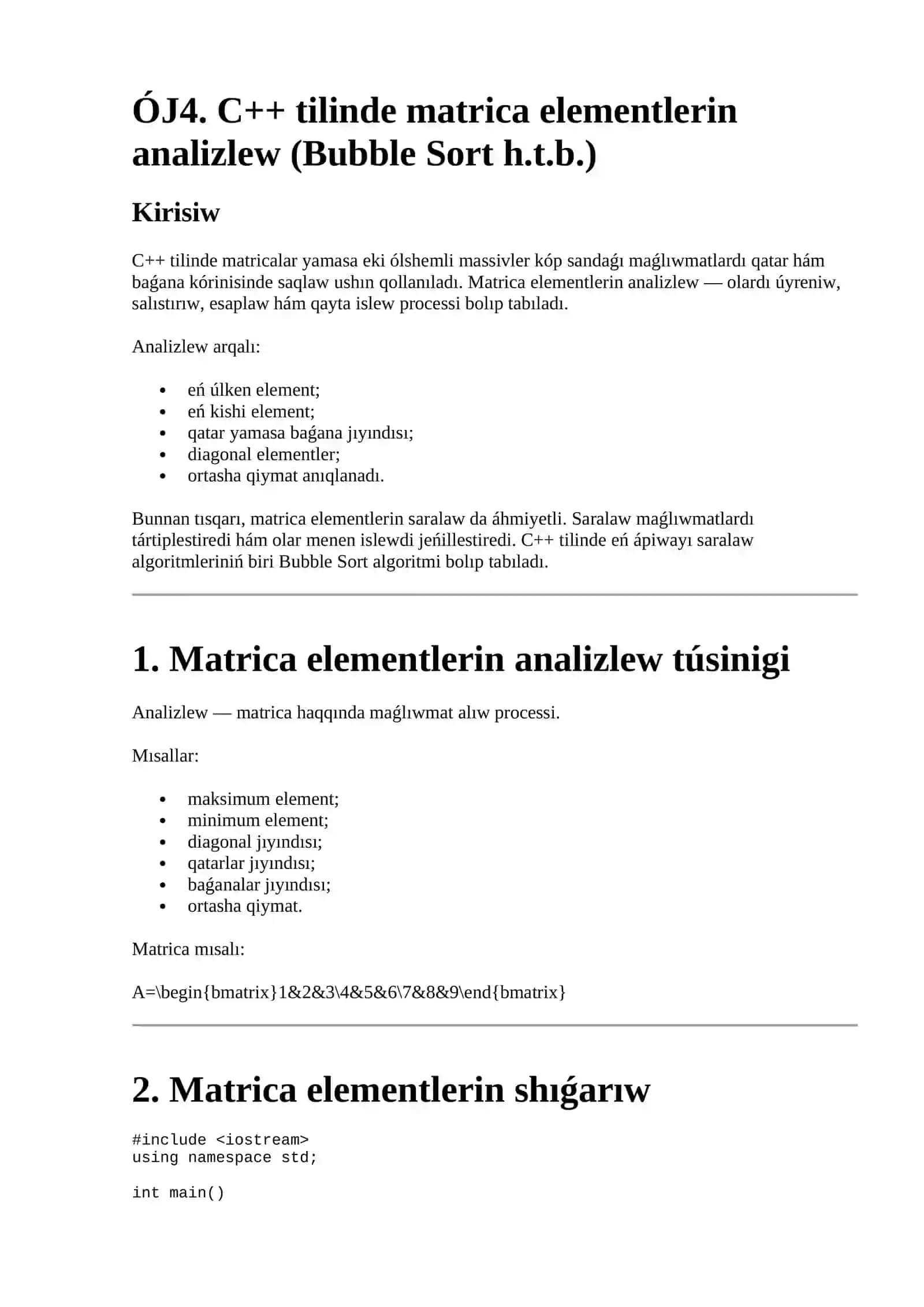 C++ tilinde matrica elementlerin analizlew (Bubble Sort h.t.b.) 2