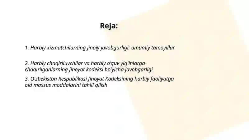 Qonun buzuvchilarga qarshi kurashishni tashkil qilish harbiy xizmatchilar va harbiy o'quv yig'inlar ga chaqirilganlarning jinoiy javobgarligi harbiy adliya va surishtiruv organlari jinoiy sud jarayoni O'zbekiston Respublikasi jinoyat kodeksi 2