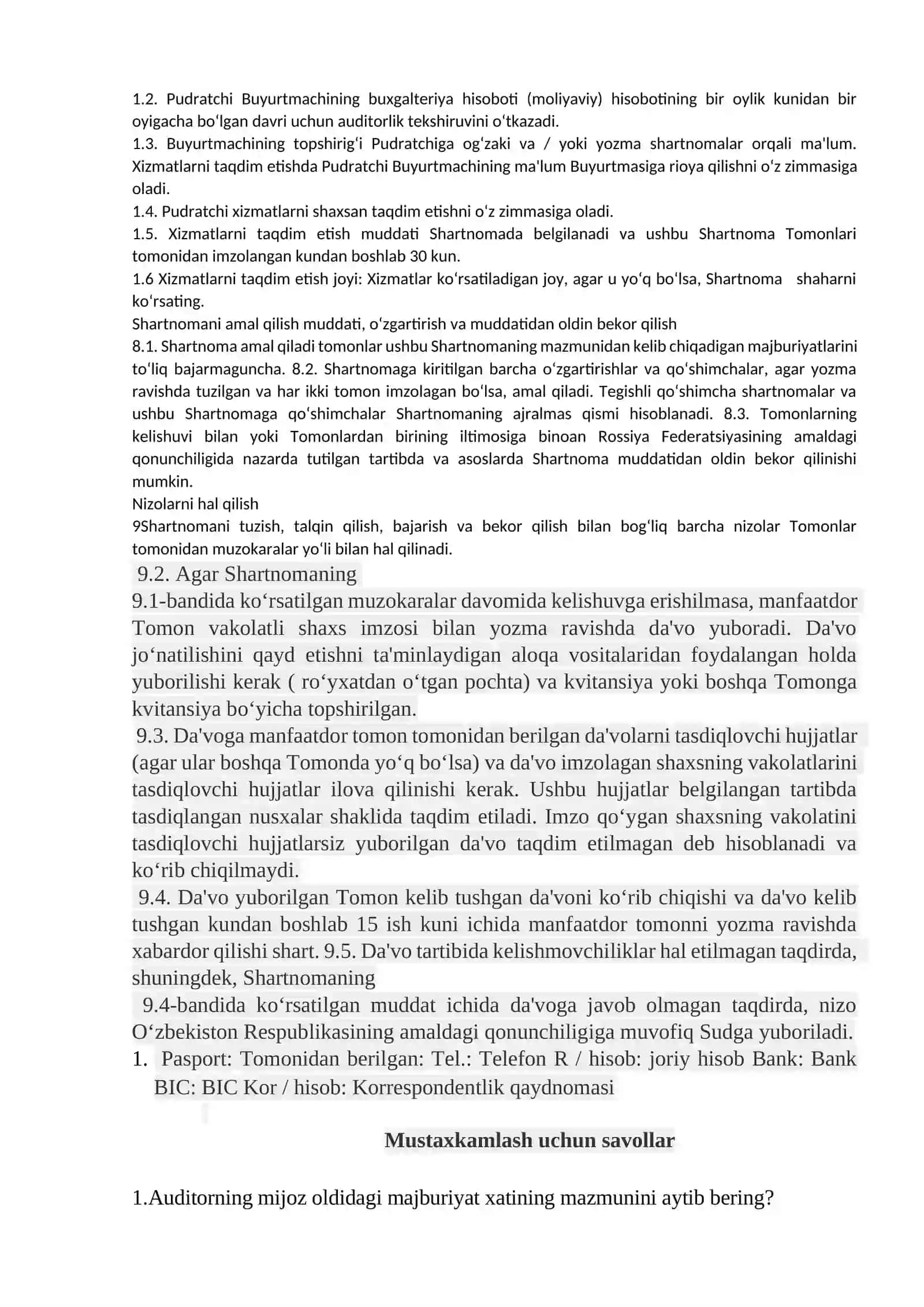 16-mavzu; Auditorlik umumiy rejasi, dasturi va auditorlik xizmatini ko‘rsatish to‘g‘risidagi shartnomani rasmiylashtirish va ulardan foydalanish xususiyatlari 2